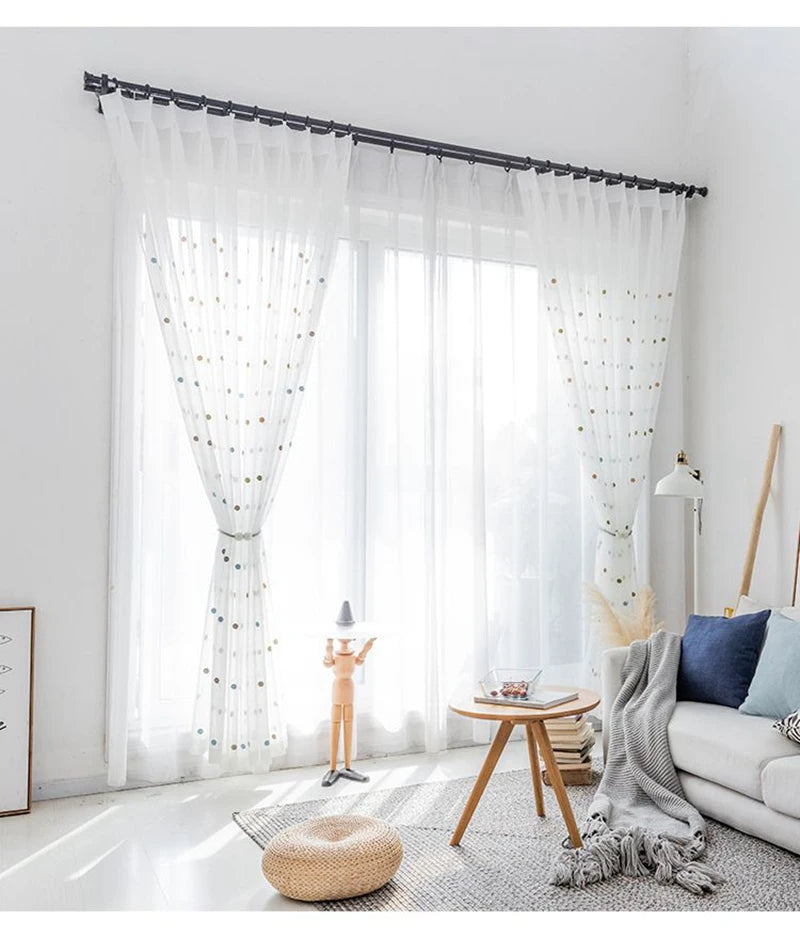 Colorful Dots Embroidered White Tulle Curtain for Kids Bedroom Living Room Modern Linen Sheer Voile Window Screen Panel ZH035H