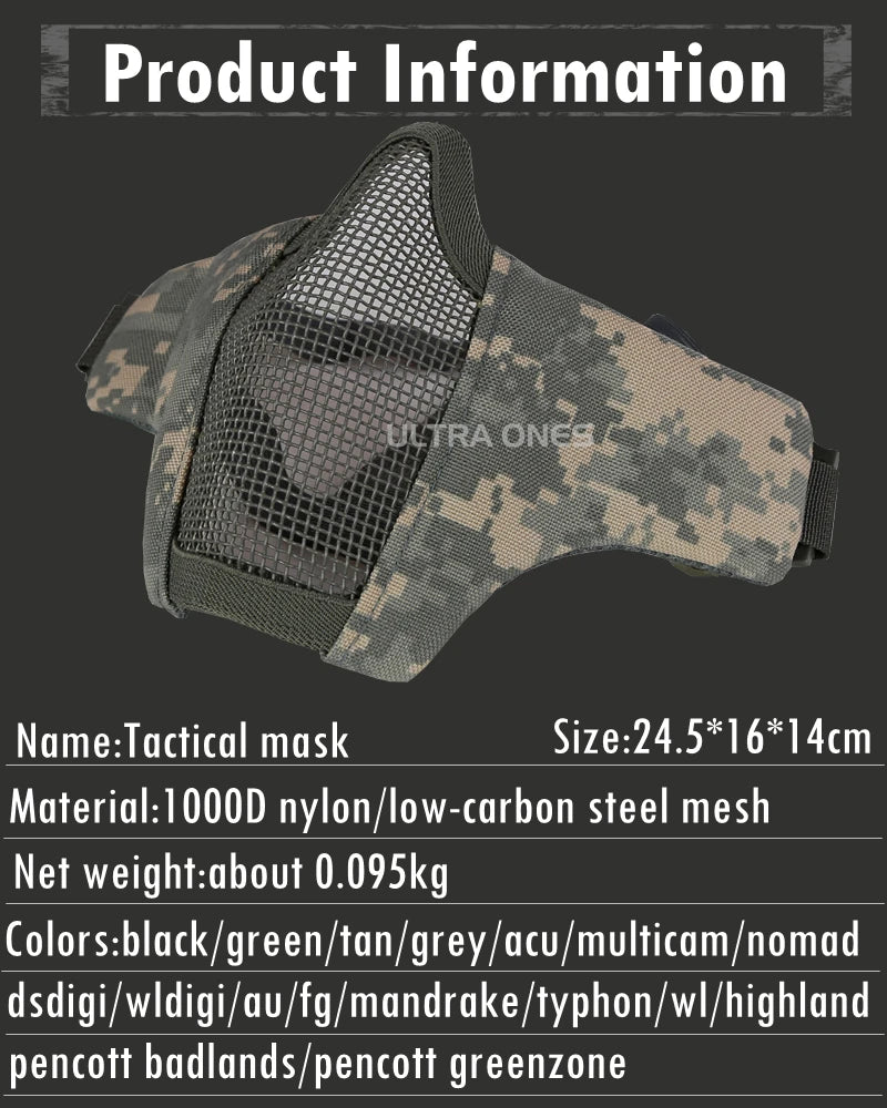 Tactical Airsoft Paintball Half Face Mask Camo Half Lower Face Metal Steel Net Mesh Mask Hunting Protective Mask