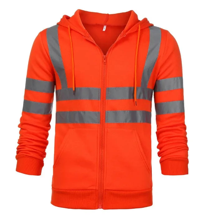 Men Reflective Strip Sanitation Overalls Fleece Hooded Jacket for Cold-Proof Outdoor Sweater Work Safety Coat Outdoor