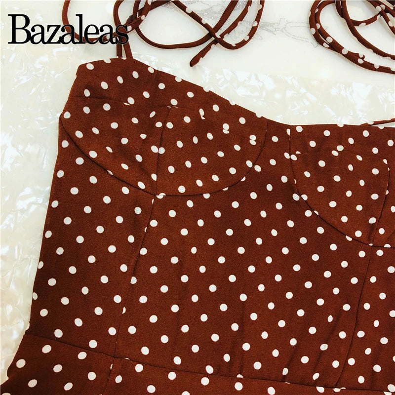 2024 Retro Slim Chic Brown Dress Sexy Dot Print Split Tube Top Dress Party Midi Dresses