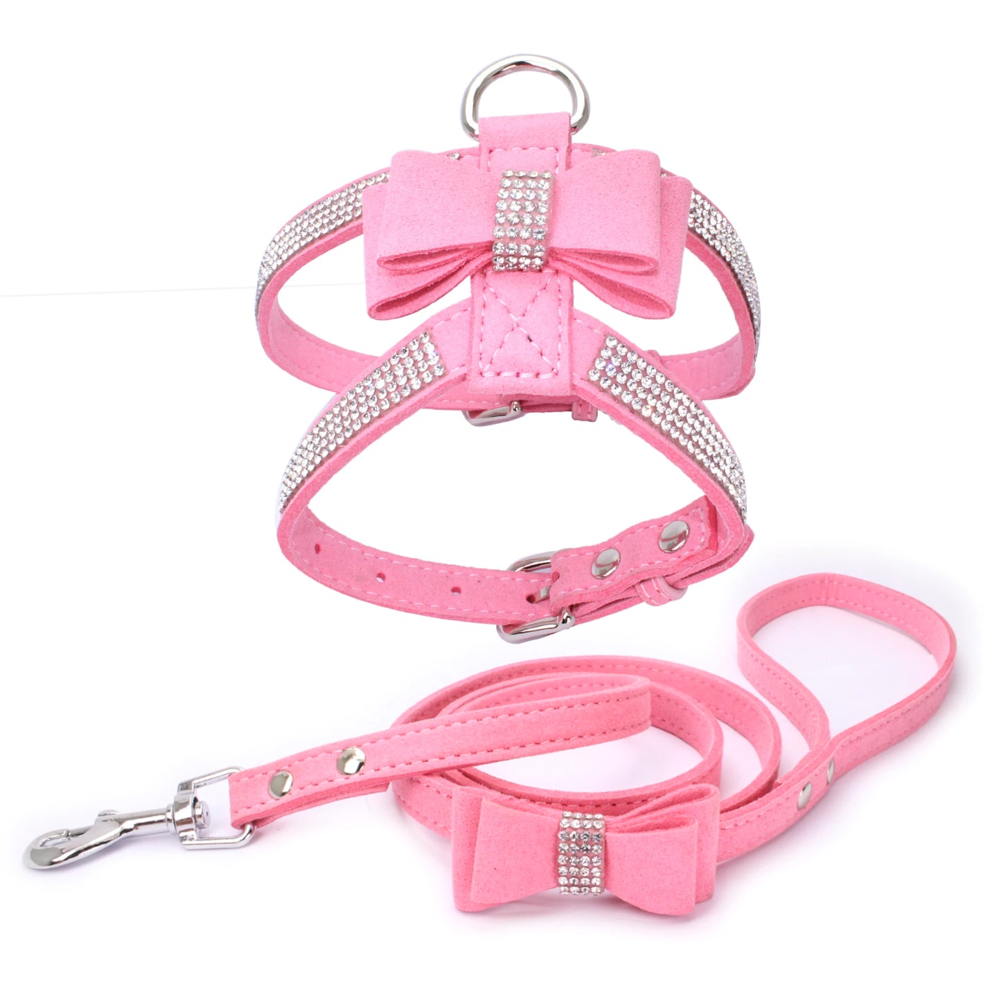 Pet Harness Leash With Rhinestone Bling Crystal Adjustable Chest Strap Soft Suede Bow Leather High Quality Drop Shipping