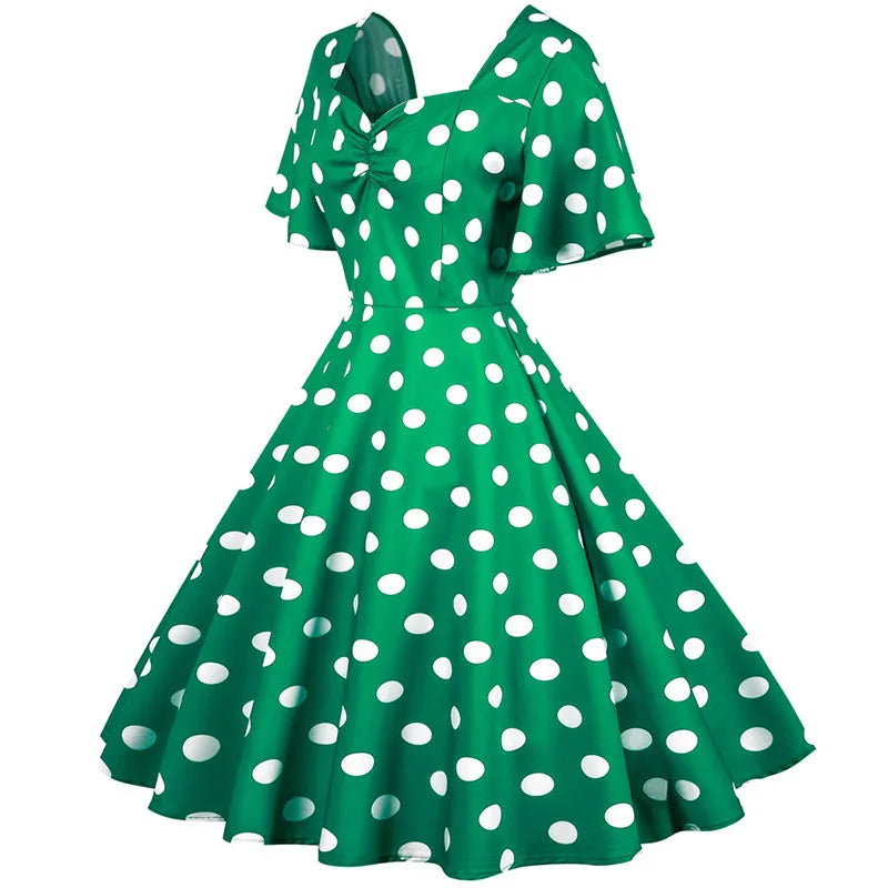 Women Summer Dress Butterfly Sleeve Swing Vintage Dresses Robe Femme Elegant Green Polka Dot Party Sundress Jurken