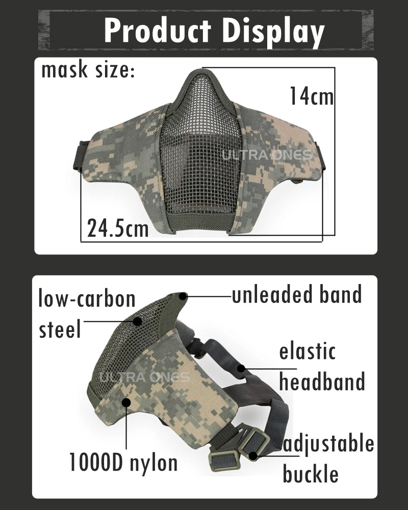 Tactical Airsoft Paintball Half Face Mask Camo Half Lower Face Metal Steel Net Mesh Mask Hunting Protective Mask