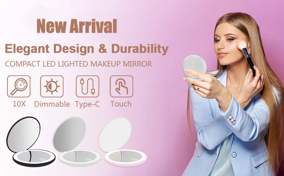 Mini Portable Folding Travel Mirror LED Light Makeup Mirror Compact Mirror 10X Magnification 2-sided Beauty Makeup Round Mirror