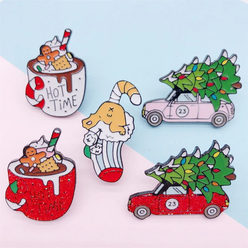 Cartoon Christmas Gift Tree Car Cup Sock Coffee Enamel Brooch Alloy Badge Denim Clothes Backpack Pin Cute Sweet Woman Jewelry