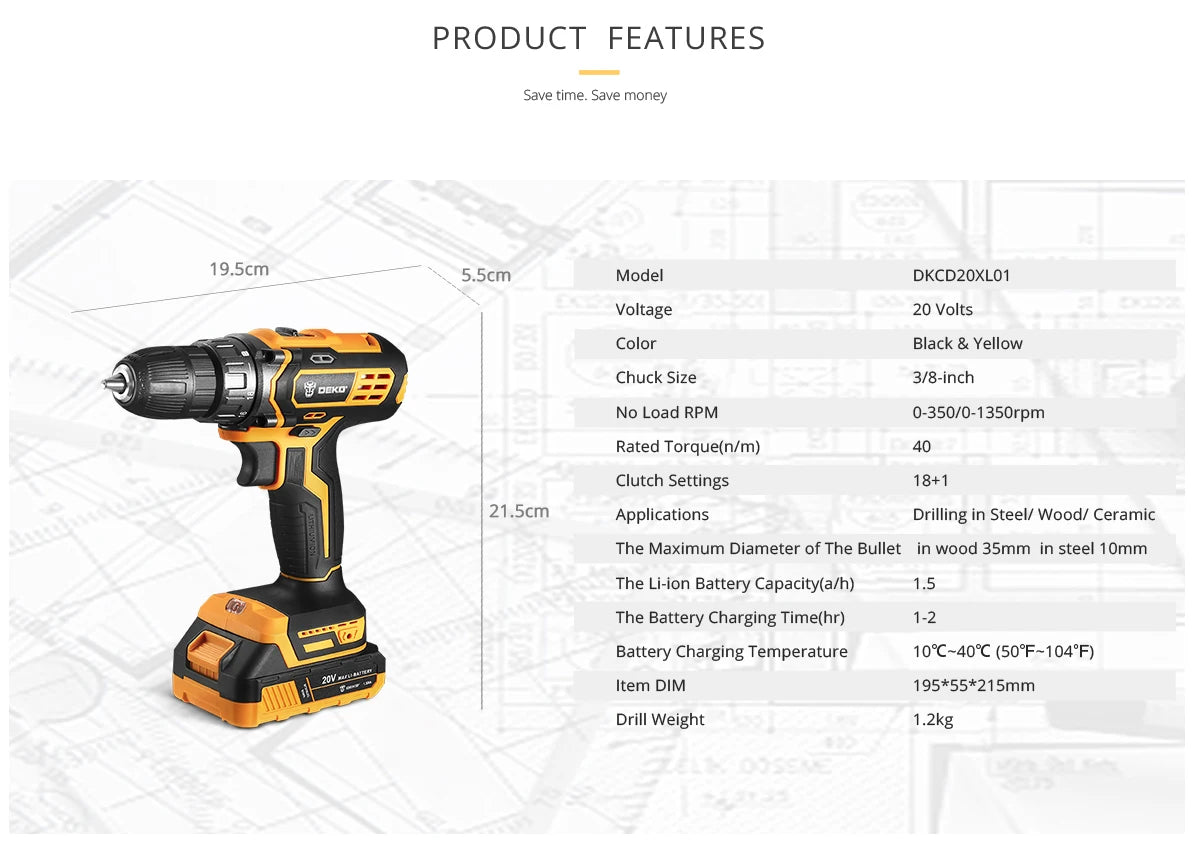 DEKO New 20V Cordless Drill Driver, 40N.m Electric Screwdriver,1500mAh Lithium-ion Battery,Fast Charger Power Tools for Home DIY