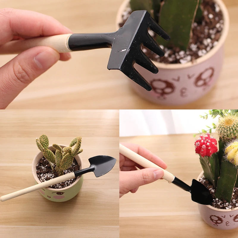 3pcs Mini Portable Gardening Tool Metal Head Shovel Rake Spade Plant Garden Soil Raising Flowers Wooden Handle Tool Set Garden