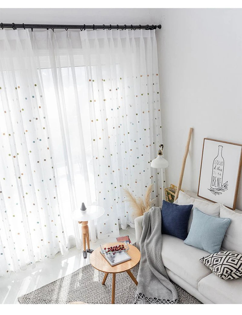 Colorful Dots Embroidered White Tulle Curtain for Kids Bedroom Living Room Modern Linen Sheer Voile Window Screen Panel ZH035H