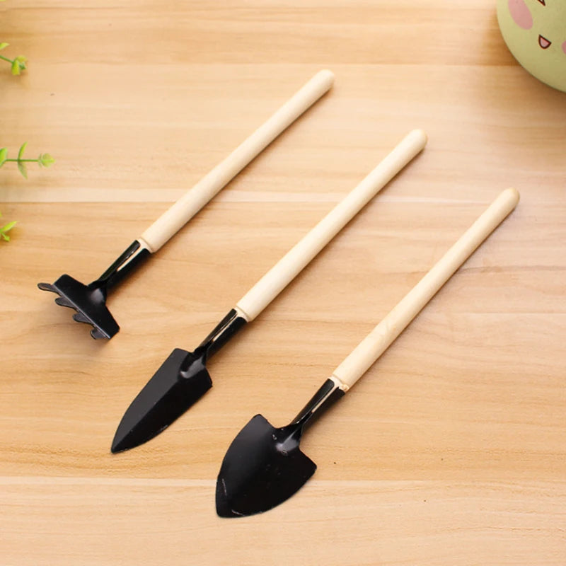 3pcs Mini Portable Gardening Tool Metal Head Shovel Rake Spade Plant Garden Soil Raising Flowers Wooden Handle Tool Set Garden