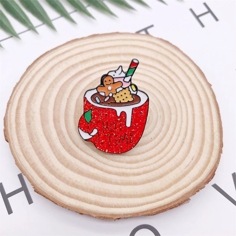 Cartoon Christmas Gift Tree Car Cup Sock Coffee Enamel Brooch Alloy Badge Denim Clothes Backpack Pin Cute Sweet Woman Jewelry