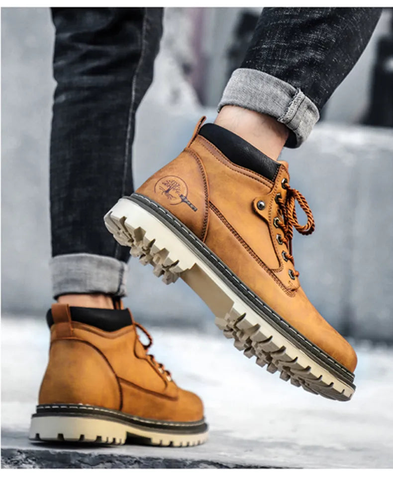 Men Snow Boots High Quality Leather Ankle Boots Warm Fur Motorcycle Boots Fashion Winter Men Boots Outdoor Men's Work Boots