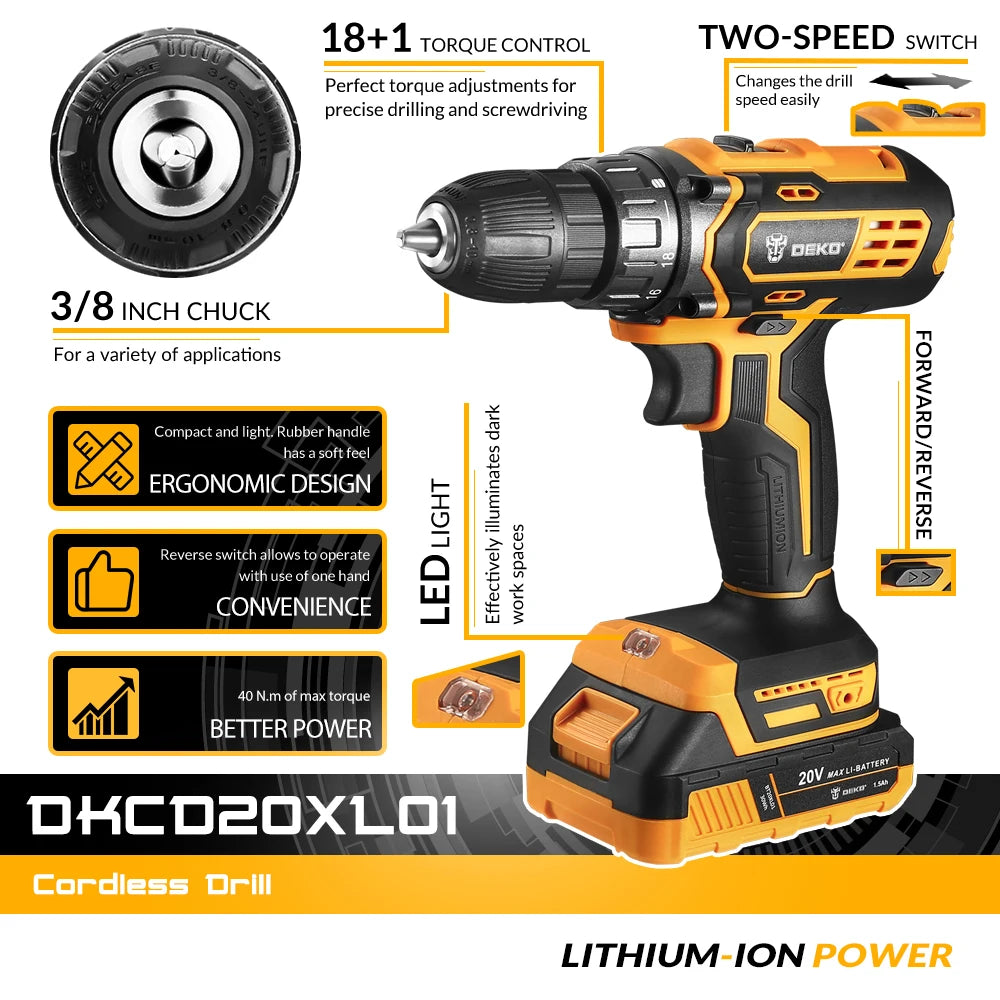 DEKO New 20V Cordless Drill Driver, 40N.m Electric Screwdriver,1500mAh Lithium-ion Battery,Fast Charger Power Tools for Home DIY