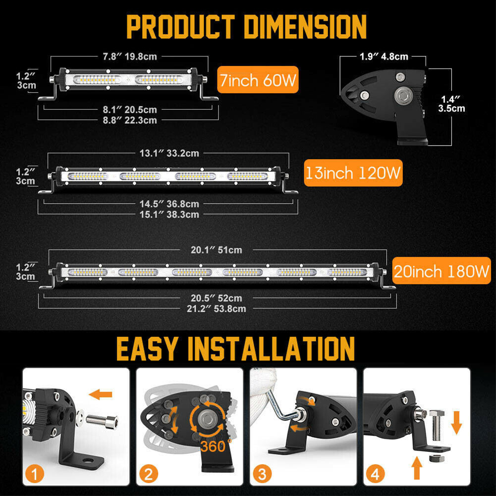 Led Light Bar 180w 6000k Ip67 Waterproof Spotlight Single Row Work Lamp For Off-Road Vehicles Suv Trucks Car Lighting Set