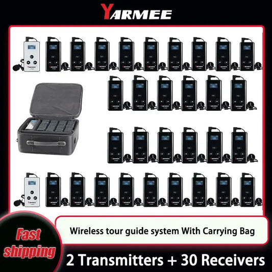 YARMEE Audio Guide Wireless Whisper Tour Guide System Voice Transmission 2 Transmitters +30 Receivers With Carrying Bag Earphone