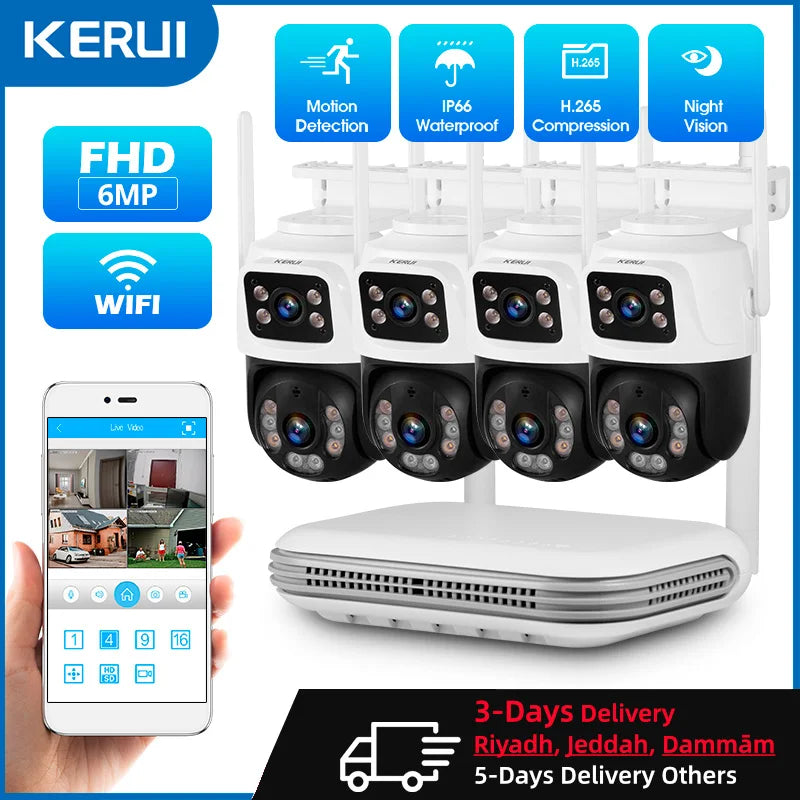 KERUI 6MP Full HD 8CH Wireless NVR Security WIFI IP Dual Lens Camera System Kit Outdoor Surveillance CCTV Audio Video Recorder