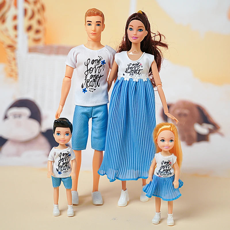 1/6 Barbi Doll Toy Family Doll Set of 4 People Mom Dad Kids 30cm Barbies Doll Full Set With Clothes for Education Birthday Gift