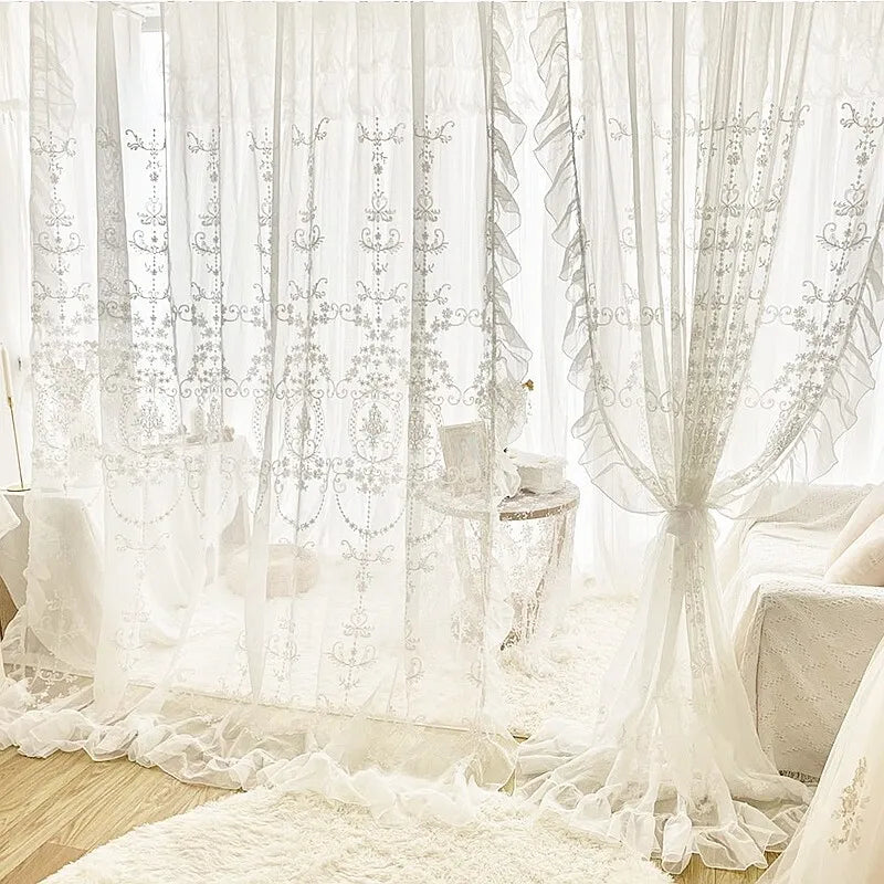 White Linen Sheer Embroidered Tulle Curtain for Girl Princess Bedroom French Romantic Ruffled Lace Voile Window Decoration Drape