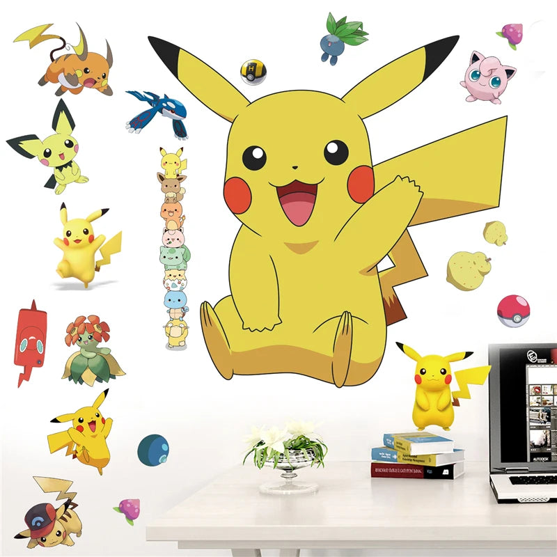 Cartoon Pikachu Wall Stickers For Kid's Rooms Kindergarten Living Room Bedroom PVC Wall Decoration Animated Poster Bedroom Decor