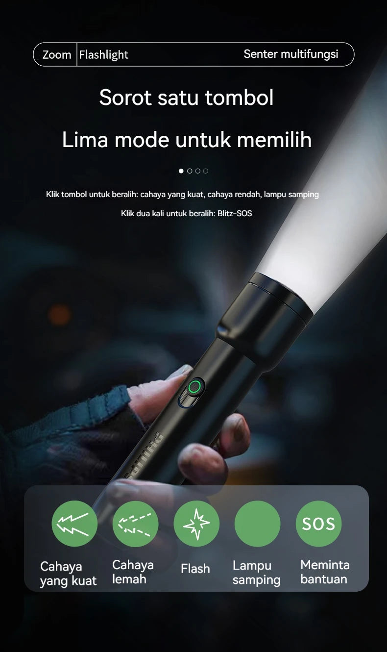 Philips 2024 New EDC Portable Flashlight Rechargeable LED Flashlight with Side Light for Personal Self Defense Camping Hiking