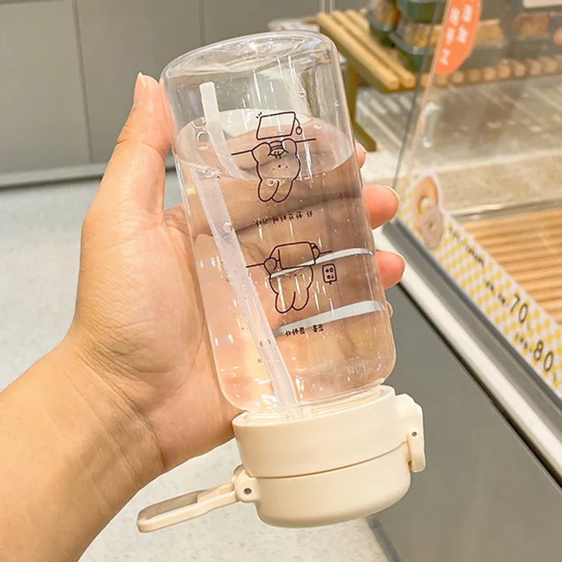 350ml Cartoon Water Bottle with Straw Cute Plastic Drinking Bottle Portable Leak-proof Drinkware for Drinking Milk Coffee Tea