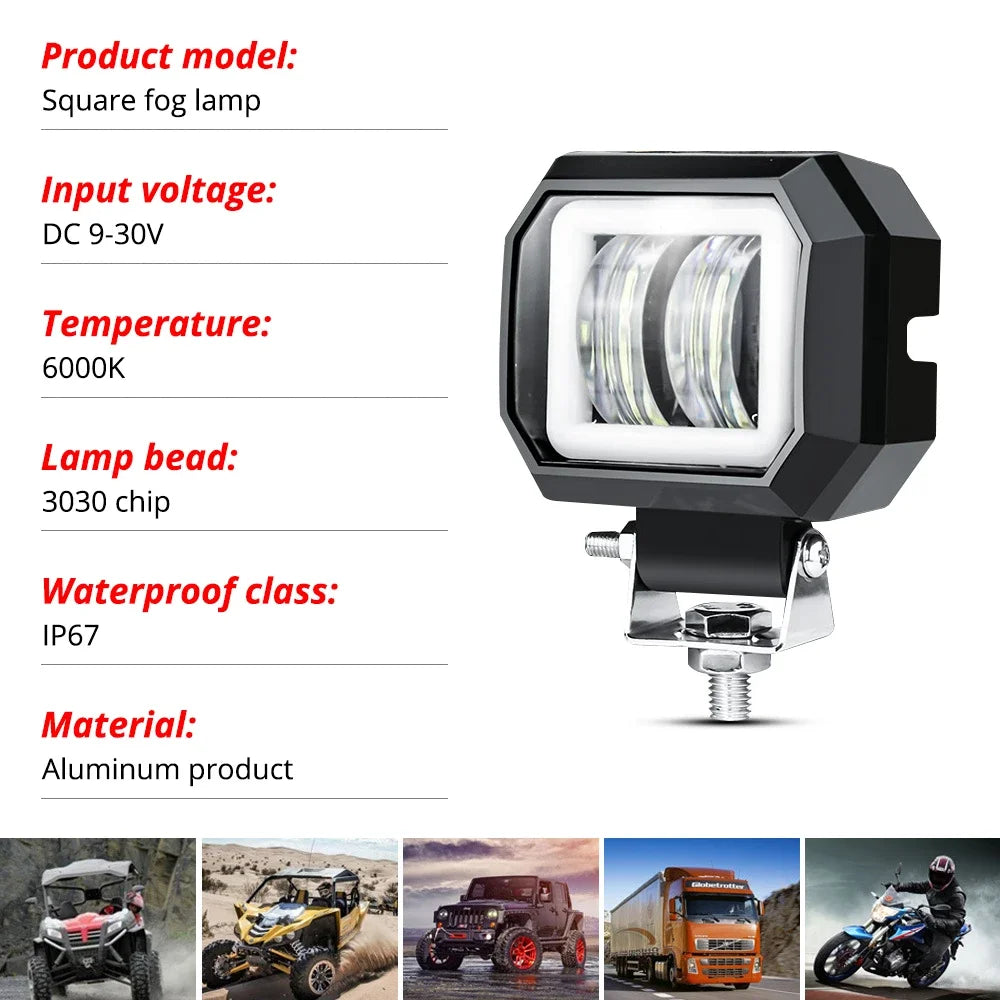 20W Car Motorcycle Working Light 12VLED Strip Waterproof IP67 Truck Driving Off Road Vehicle Angel Eye Fog Spotlight Accessorie