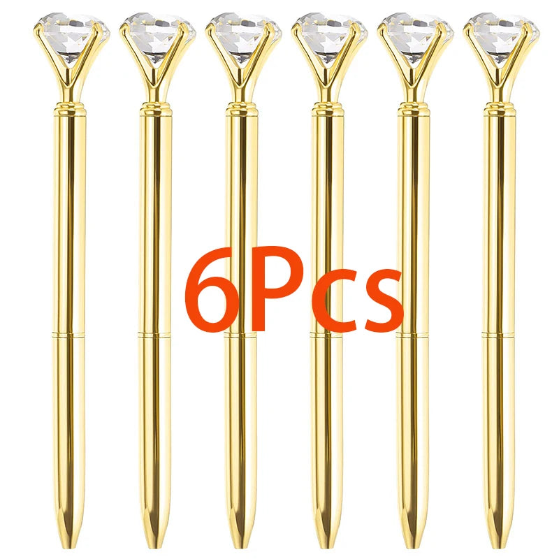 6Pcs Black Ink Diamond Pens Metallic Gold Large Crystal Rhinestones Ballpoint Pens Cute Stationary Writing Utensils