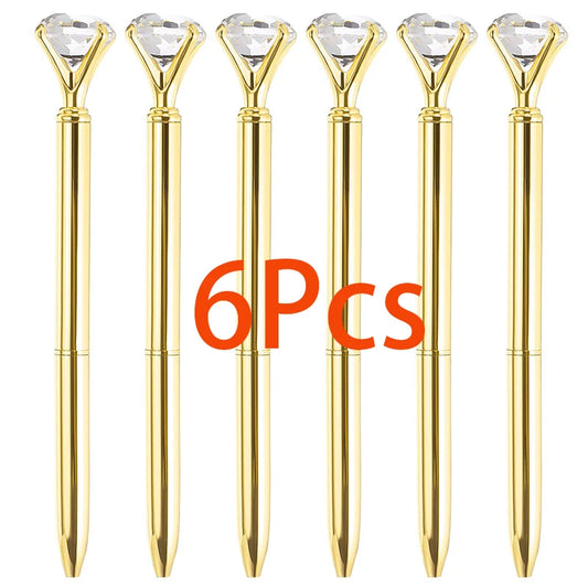 6Pcs Black Ink Diamond Pens Metallic Gold Large Crystal Rhinestones Ballpoint Pens Cute Stationary Writing Utensils