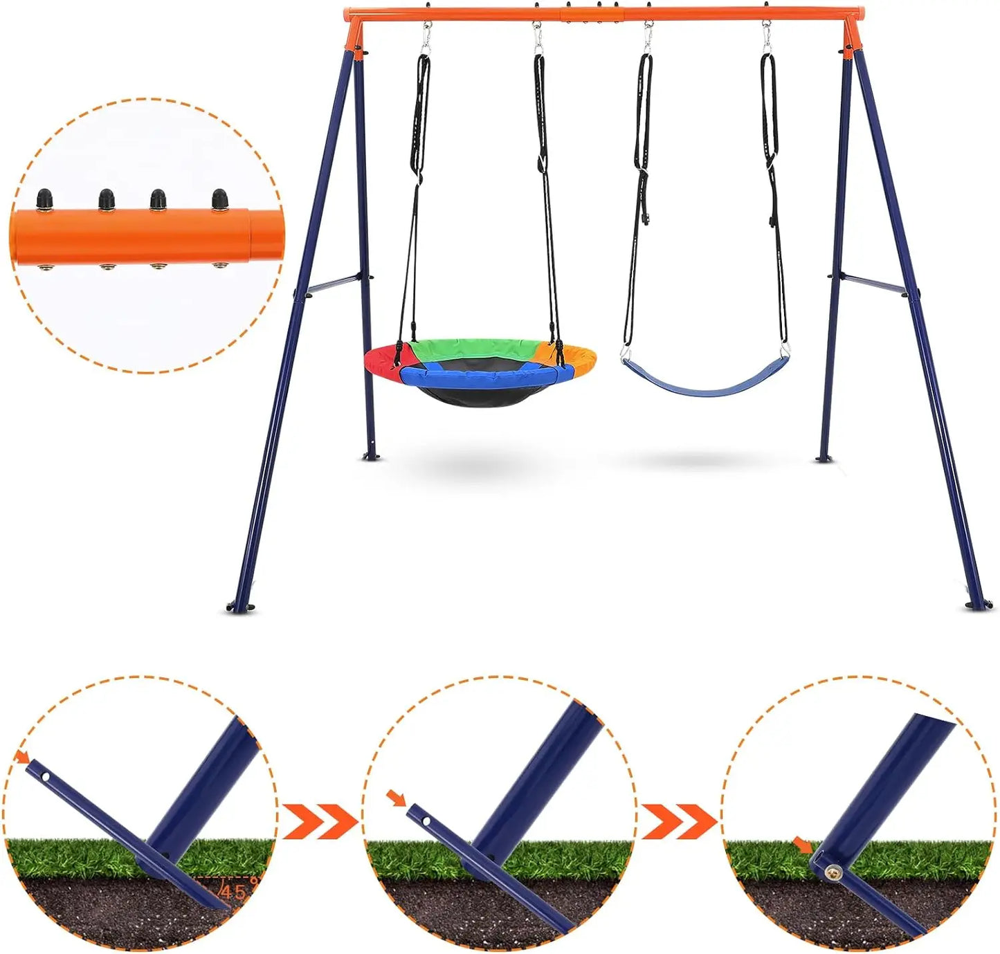 440lbs Saucer Swing Set with Heavy-Duty Metal A-Frame and Adjustable Ropes, Round Swing Sets for Backyard, Playground and Park