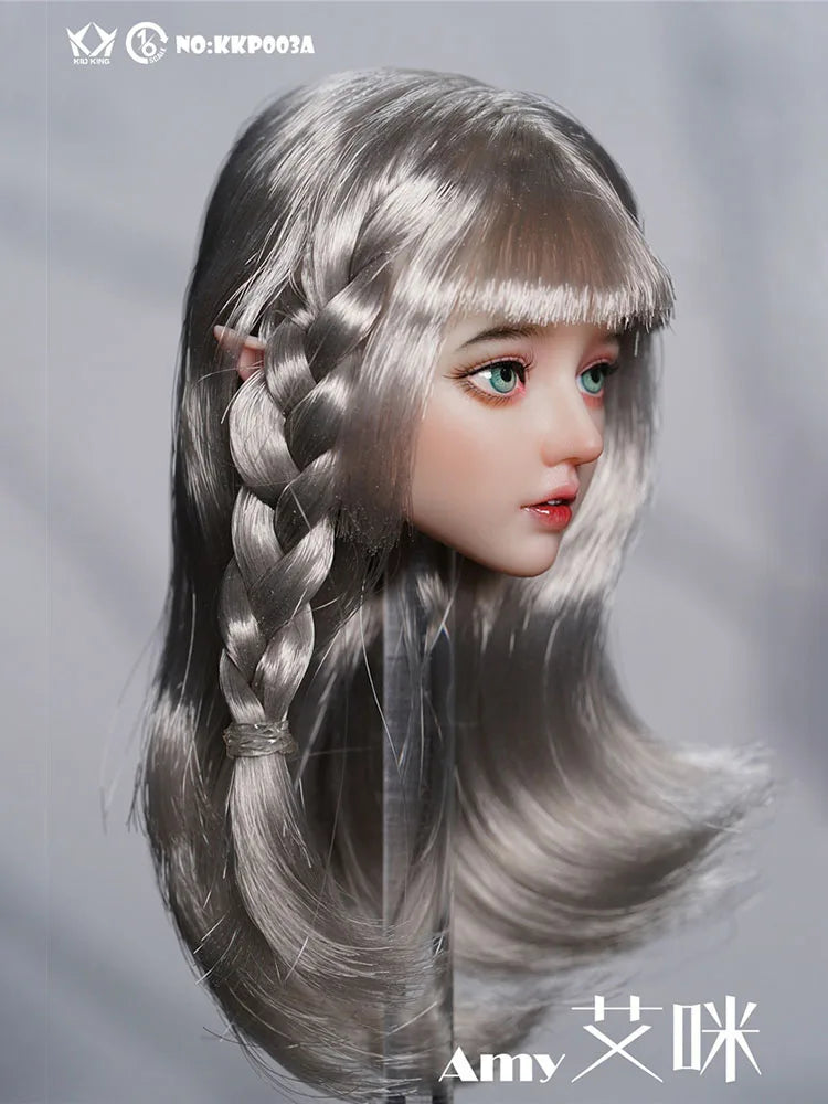 In Stock KID KING KKP003 1/6 Scale Beauty Girl Delicate Head Sculpt Sliver Curl Hair Decoration Model Toys For 12" Female Body