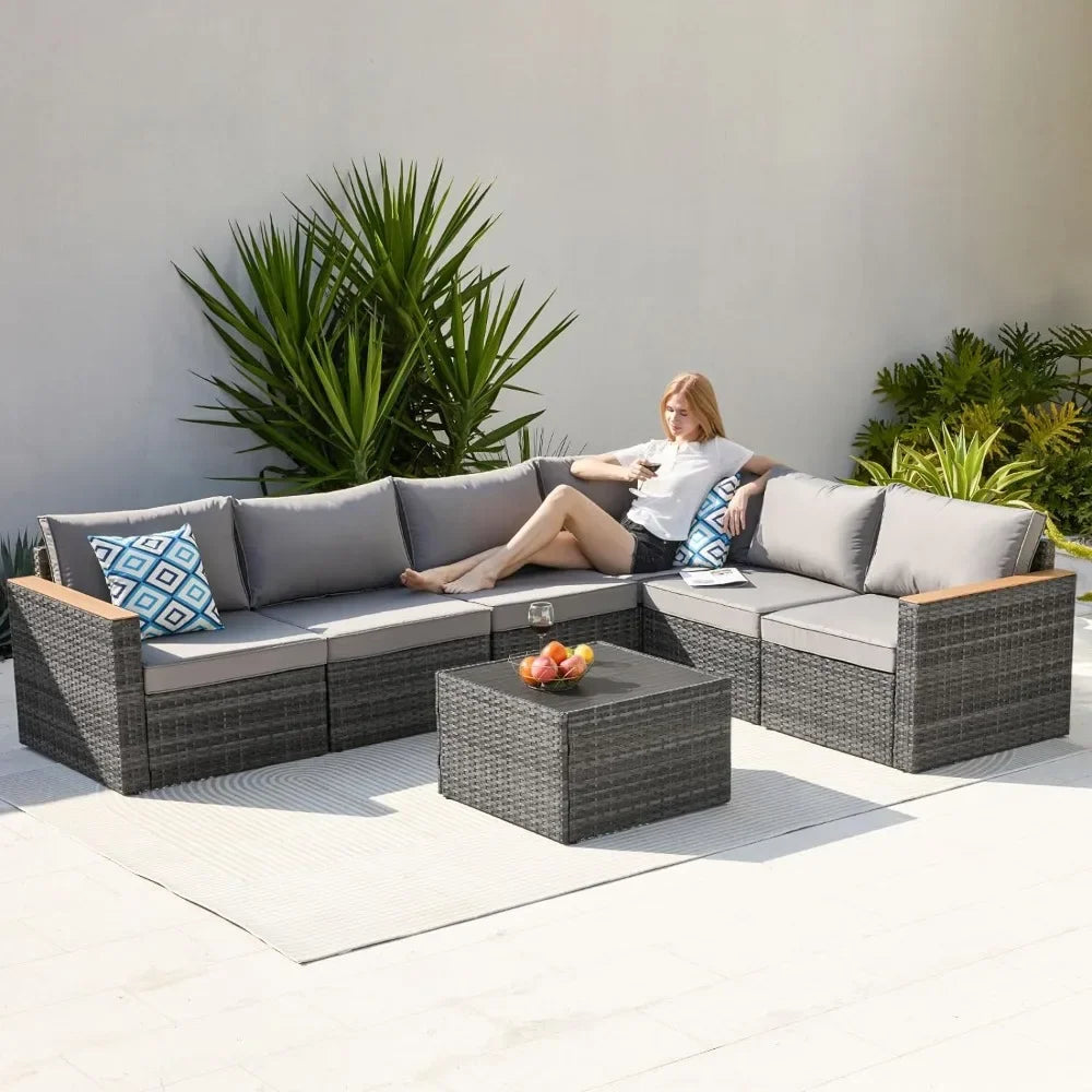 7 Pieces Outdoor Patio Furniture, Durable Wicker Outdoor Couch Patio Sectional Sofa Conversation Sets for Backyard, Lawn,Outside