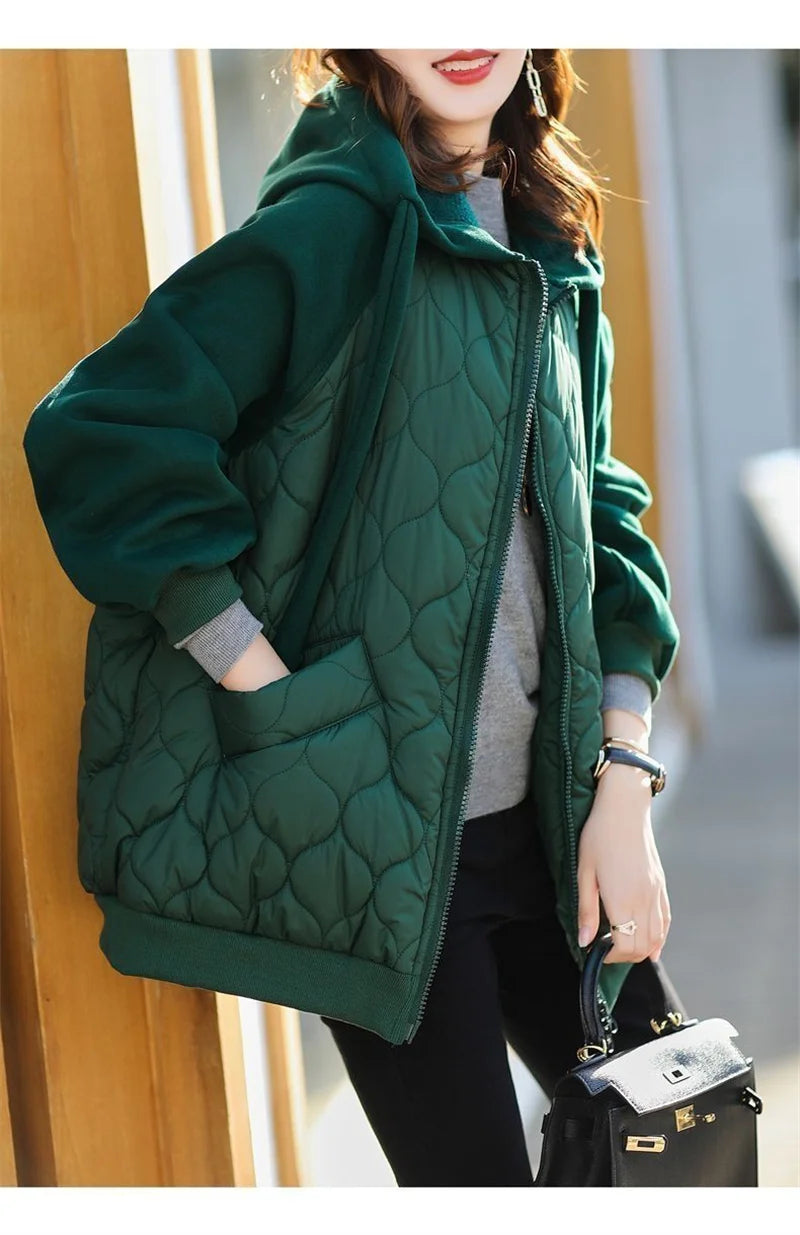 Light Down Cotton Suit 2023 Winter New Korean Version Temperament Mother Pack Padded Jacket Hooded Loose Cotton Clothes Female X