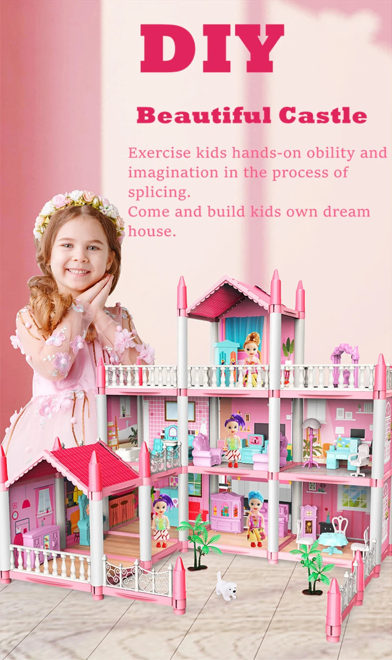 Children Montessori House 3d Assembled Lighting Diy Manual Doll House Villa Set Princess Castle Girl's Puzzle Toy Birthday Gift