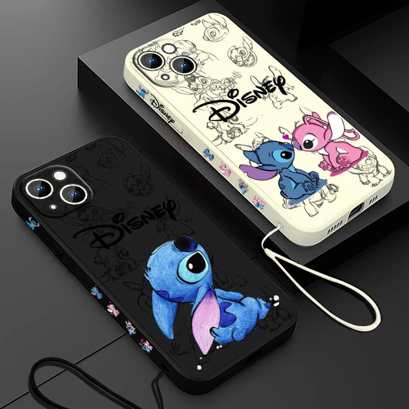 Disney Super Cute Stitch Phone Case For Apple iPhone 15 14 13 12 11 Pro Max Plus 8 7 SE Liquid Left Rope Soft Cover