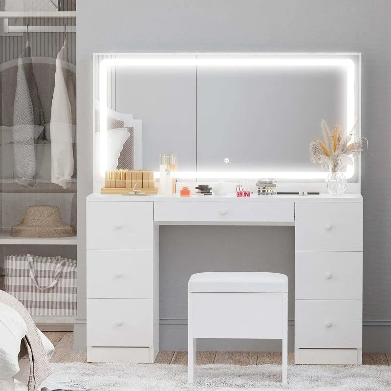 Vanity Desk Set with LED Lighted Mirror & Power Outlet, 7 Drawers Makeup Vanities Dressing Table with Stool, for Bedroom