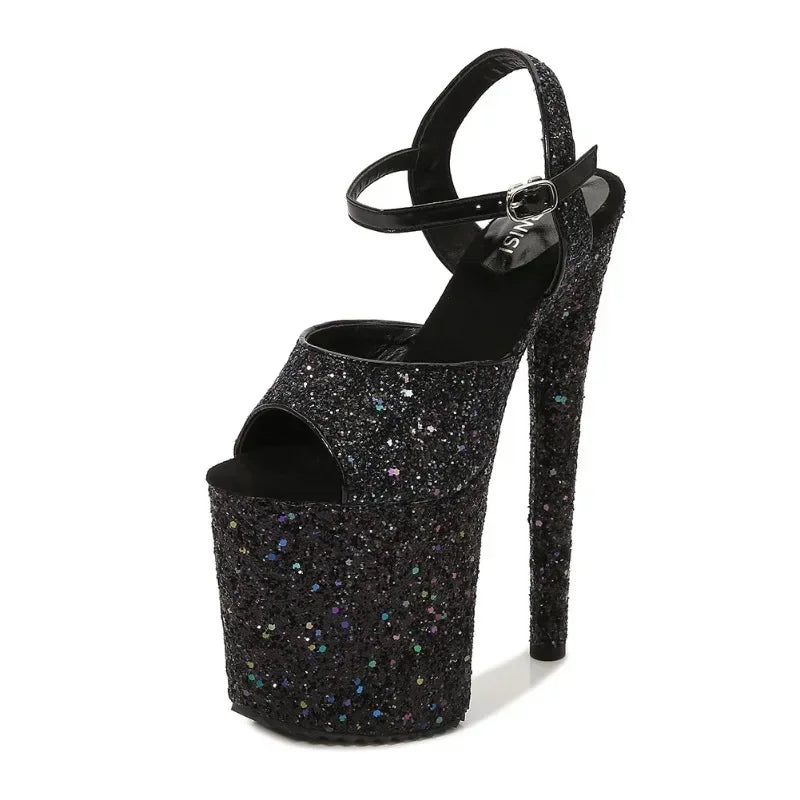 women's sandals summer Party Peep Toe Platform Buckle Strap Sequined Cloth 20CM Thin high heels Bling Pumps Women Shoes black