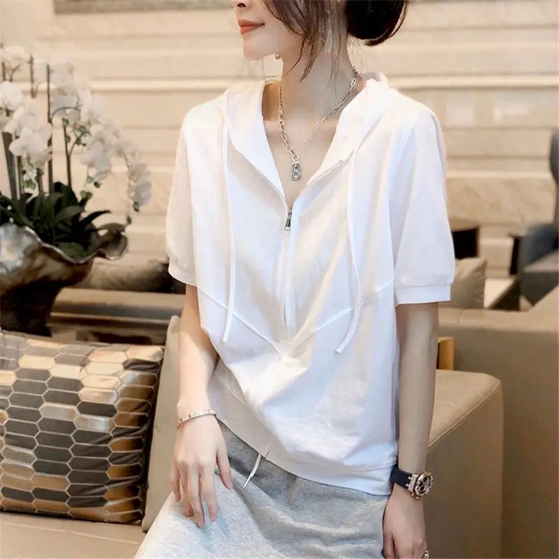 2024 Summer Hooded T-shirt Women Korean Loose All-match White Casual Tops Stitching Cotton Short-sleeved T Shirt Women's Trend