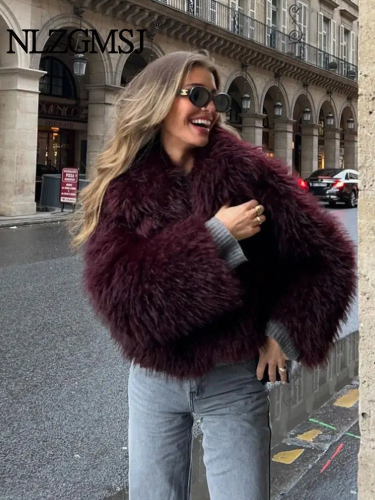 TRAF 2024 Winter Elegant Lapel Fur Coat Women Warm Fashion Loose Long Sleeve Short Jacket Female Street Thick Top