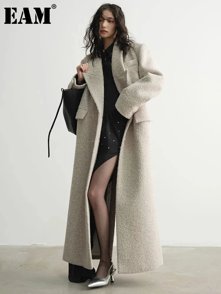 [EAM] 30% Wool X-Long Big Size Warm Woolen Coat New Lapel Long Sleeve Women Jacket Fashion Tide Autumn Winter 2024 1DH4053