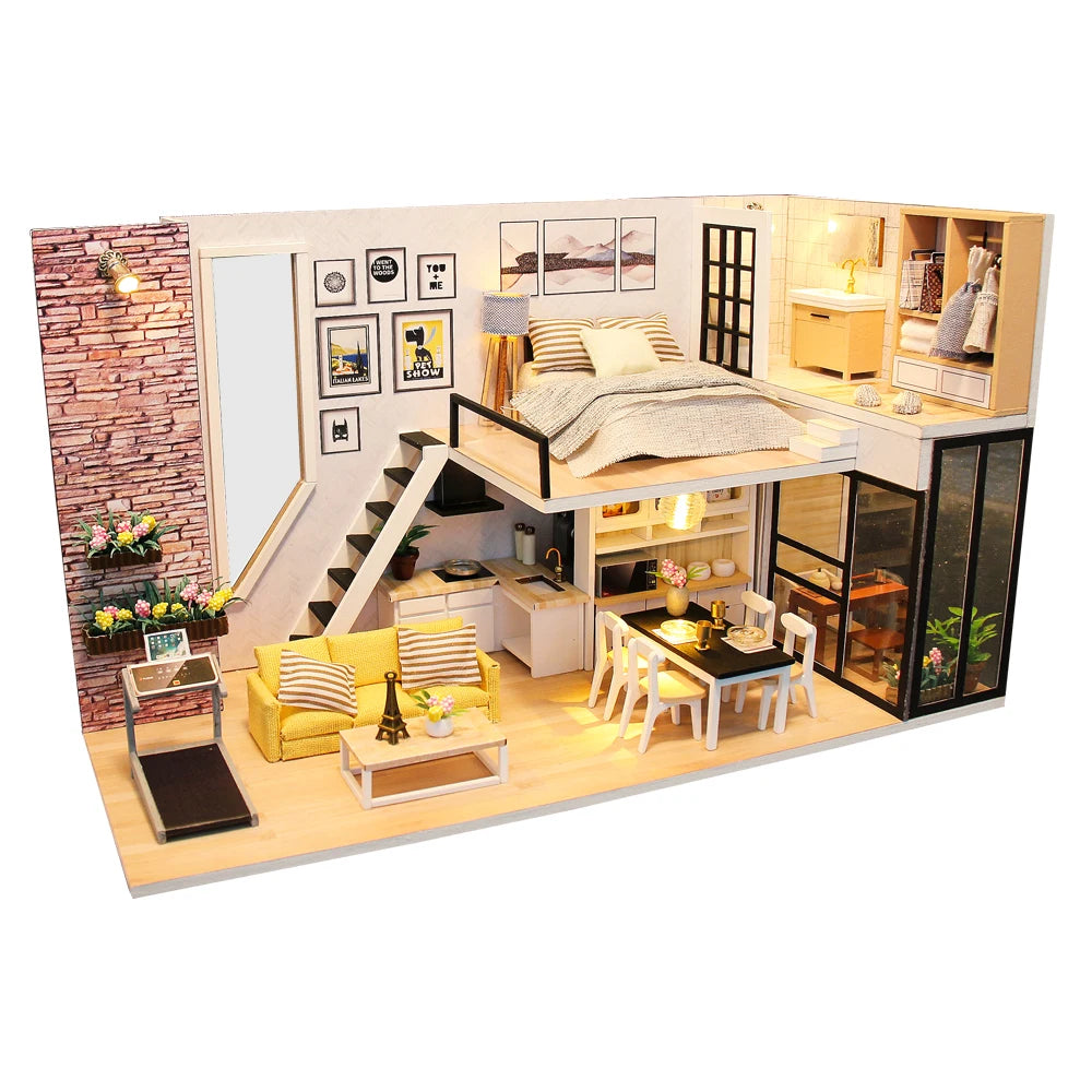 Assemble DIY Wooden House Dollhouse kit Wooden Miniature Doll Houses Miniature Dollhouse toys With Furniture LED Lights Gift