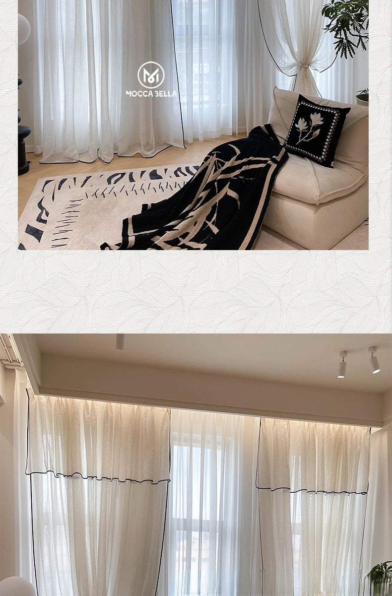 Retro Cream Linen White Tulle Sheer Curtains for Living Room Luxury Bedroom Dining Balcony Black Edge Blackout Gauze Window Door