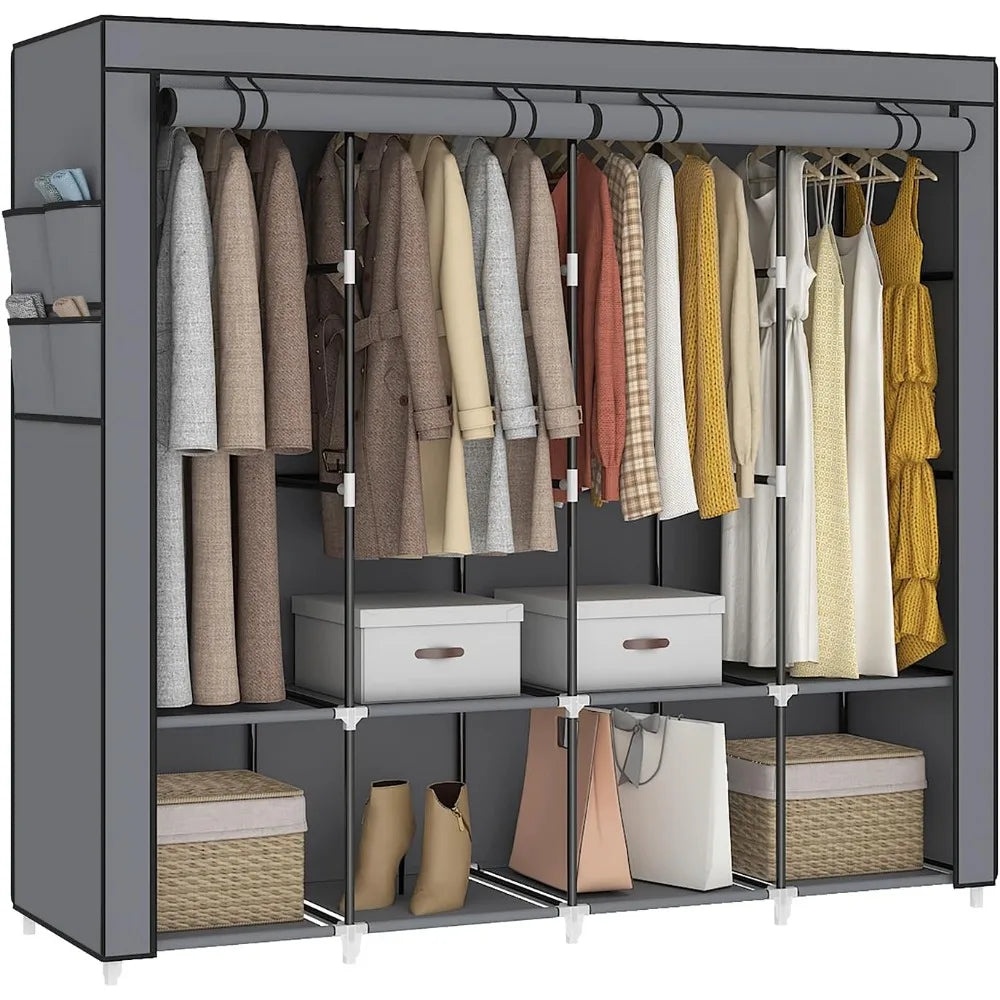 67 in Portable Closet Wardrobe for Hanging Clothes, Wardrobe Closet , 4 Hanging Rods and Side Pockets, 8 Storage Shelves