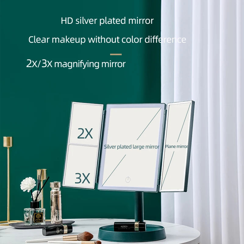 Tri-Folding LED Vanity Makeup Mirror Touch Screen 3 Tone Light 2X/3X Magnifying 360° Rotate Rechargeable Dimming Make Up Mirror