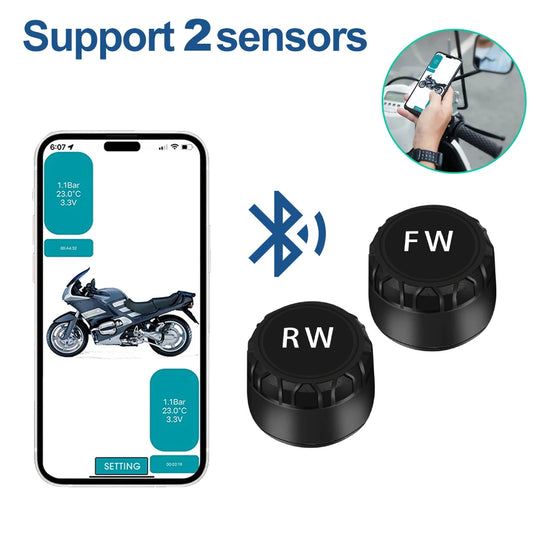 Motorcycle Tire Pressure Sensors TPMS Monitoring System with 2 External Sensor for Motor Bluetooth-Compatible Android/IOS