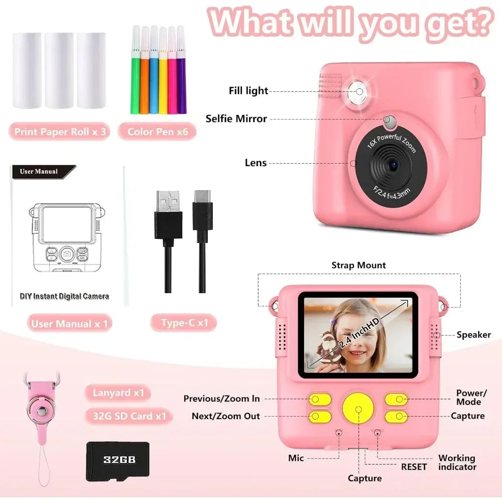 Instant Print Camera for Kids,   Camera for Toddler with Multi-Image, Christmas Birthday Gifts for 3-12-Year-Old Boys and Girls