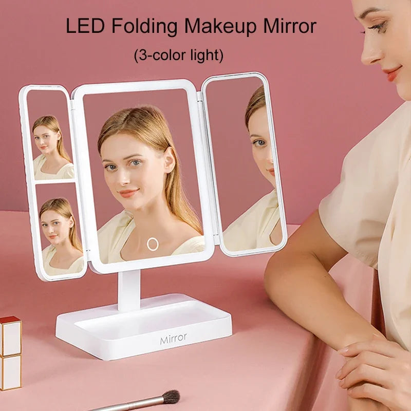 Tri-Fold LED Makeup Mirror 3 Tone Lights Portable Compact Desktop Vanity Mirror 2X/3X Magnifying Rotable Lighted Makeup Mirror