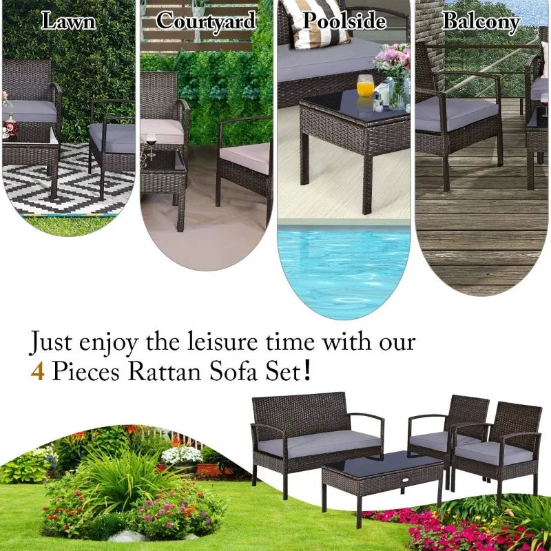 Moccha 4-Piece Patio Rattan Furniture Set, Outdoor Wicker Conversation w/ Padded Cushion & Coffee Table, Bistro Sofa Set