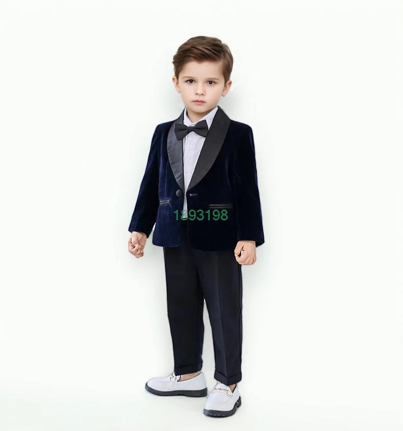 Boys Formal Velvet Suit Set Child Birthday Dress Wedding Party Photography Piano Recital Costume Kids Blazer Pants Bowtie Outfit