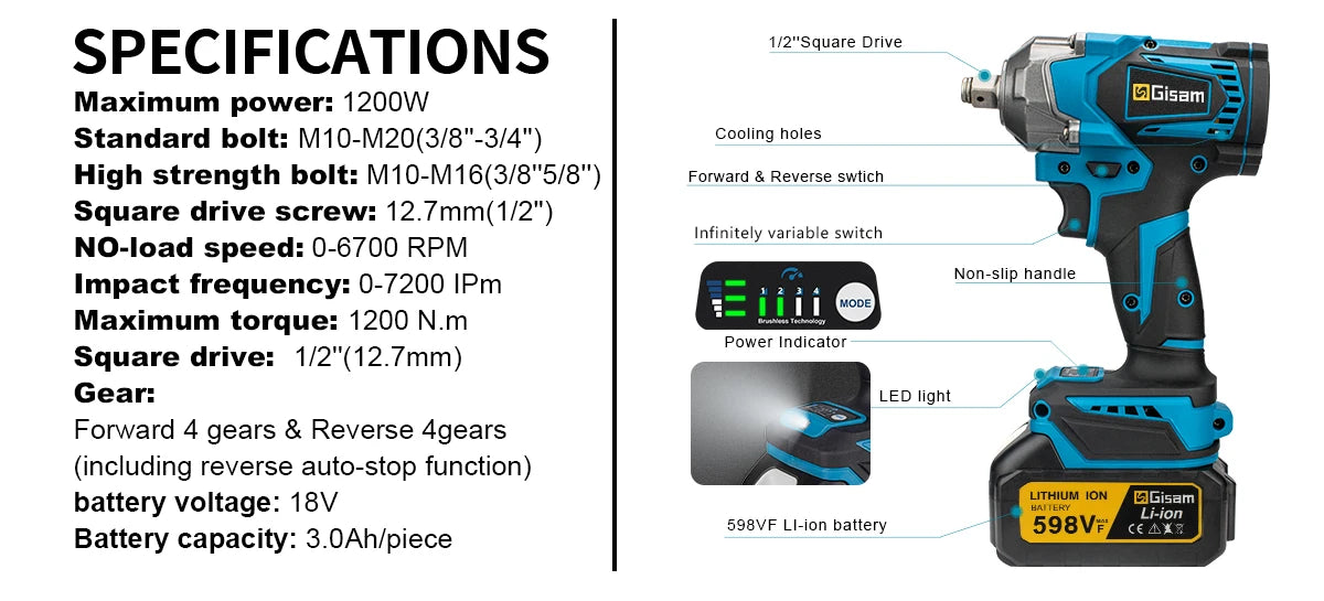 Gisam 1200N.M Torque Brushless Electric Impact Wrench 1/2 inch Cordless Wrench Screwdriver Power Tools For Makita 18V Battery