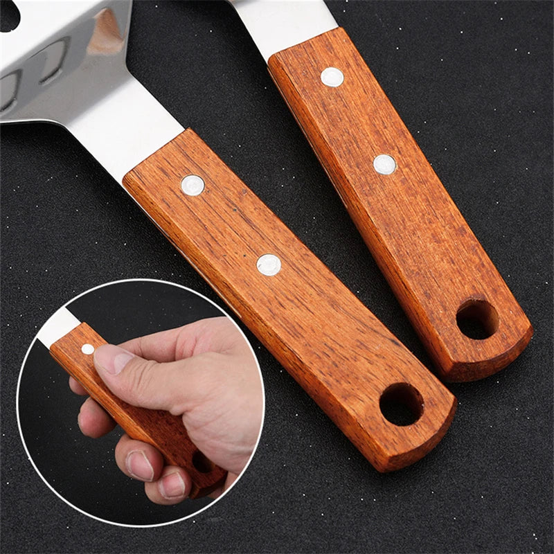 Stainless Steel Wooden Handle Cooking Spatula Steak Pancake Frying Shovel Teppanyaki Scraper Barbecue Tool Kitchen Accessories