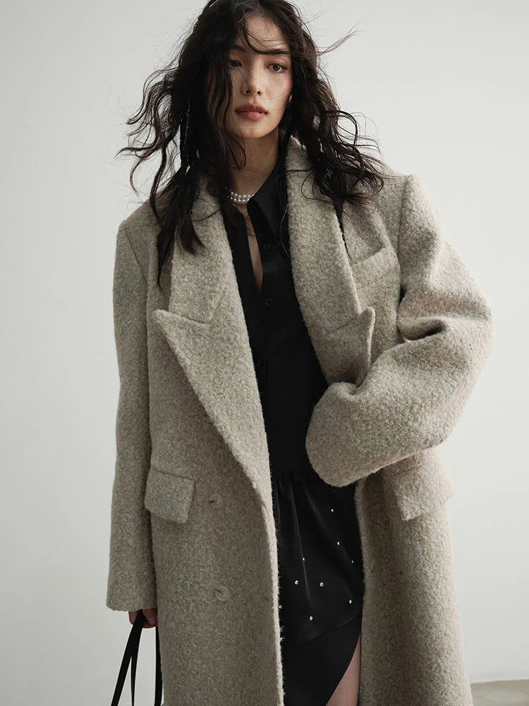 [EAM] 30% Wool X-Long Big Size Warm Woolen Coat New Lapel Long Sleeve Women Jacket Fashion Tide Autumn Winter 2024 1DH4053